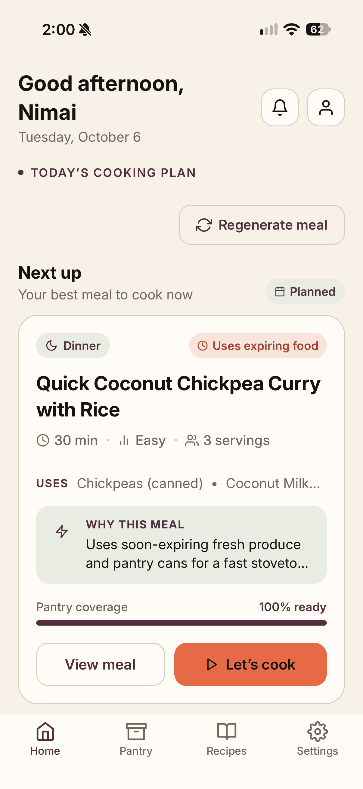 Ampleat app home screen showing a coconut chickpea curry meal, pantry coverage, and cooking controls